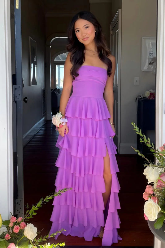 Stylish A Line Strapless Purple Long Prom Dress With Ruffles Split Front AD597