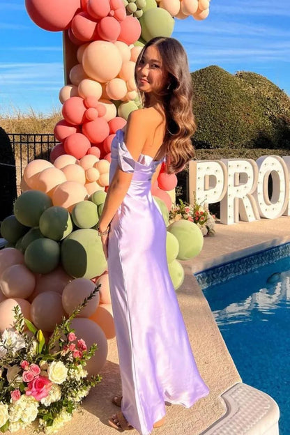 Trendy Sheath Off The Shoulder Lilac Prom Dress With Ruched AD598