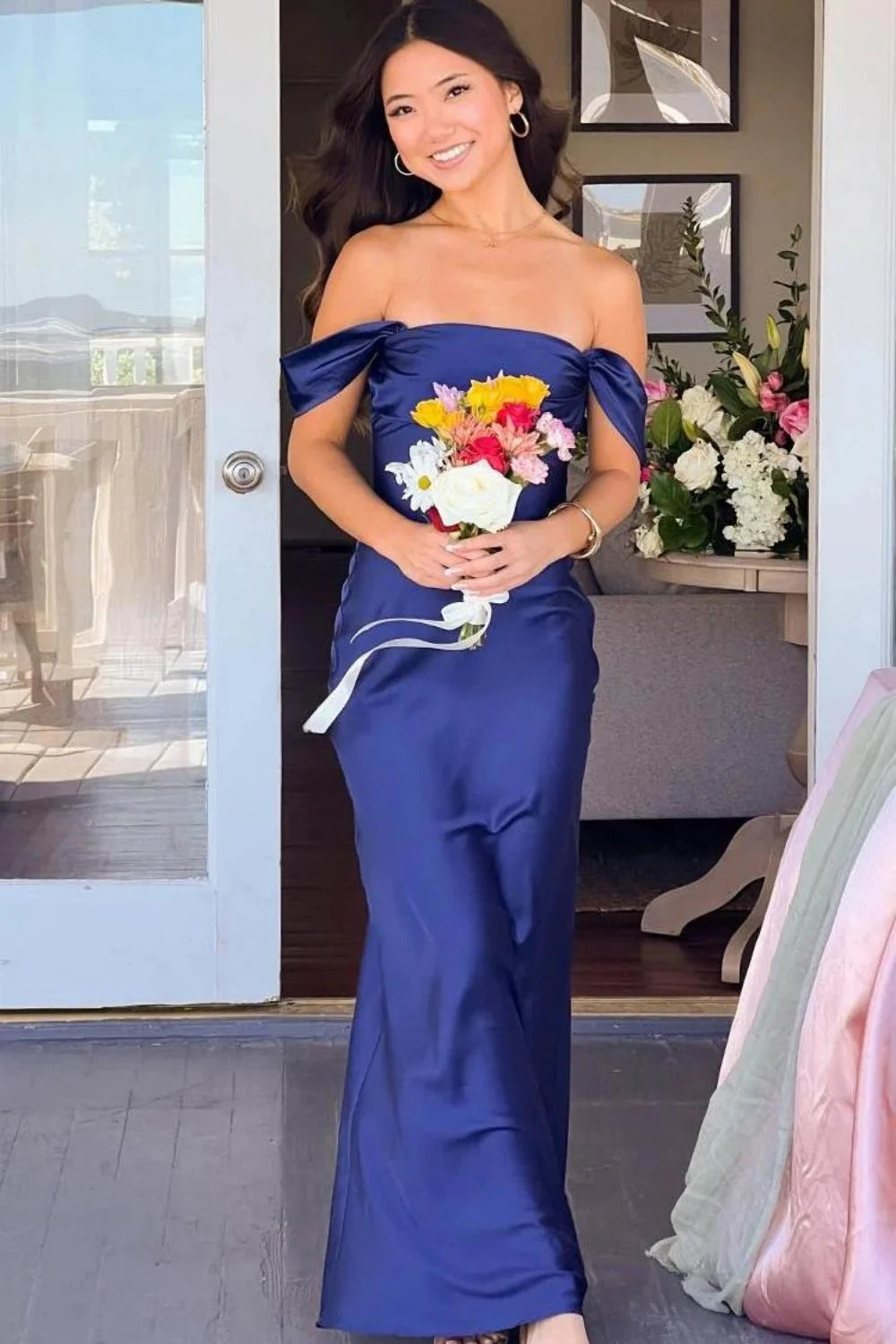 Trendy Sheath Off The Shoulder Lilac Prom Dress With Ruched AD598