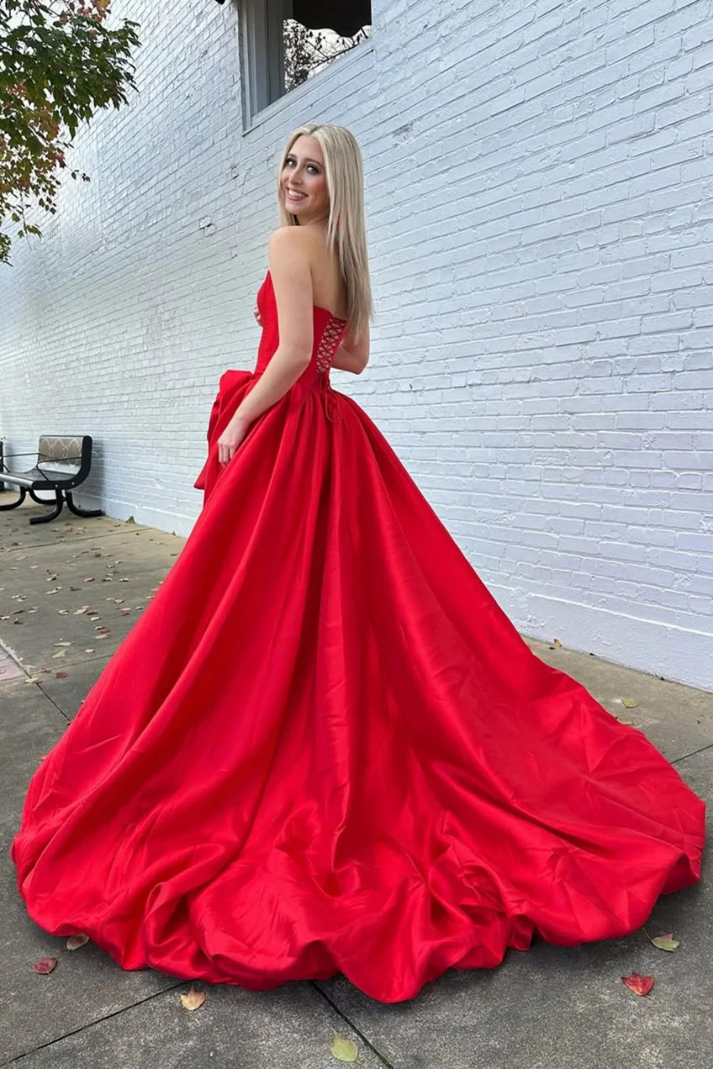 Romantic A-Line Rose-Embellished Strapless Satin Prom Gown AD599