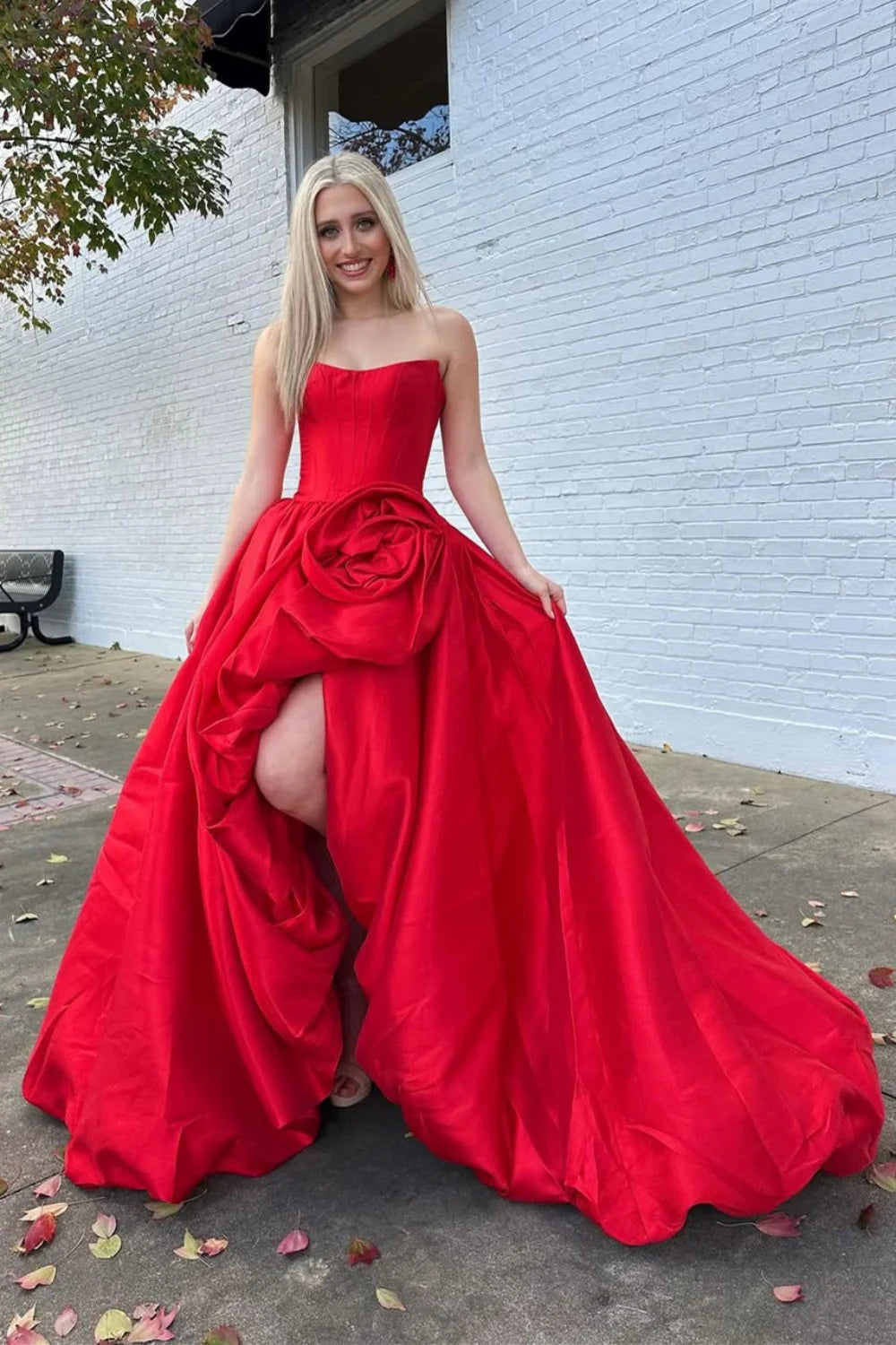 Romantic A-Line Rose-Embellished Strapless Satin Prom Gown AD599