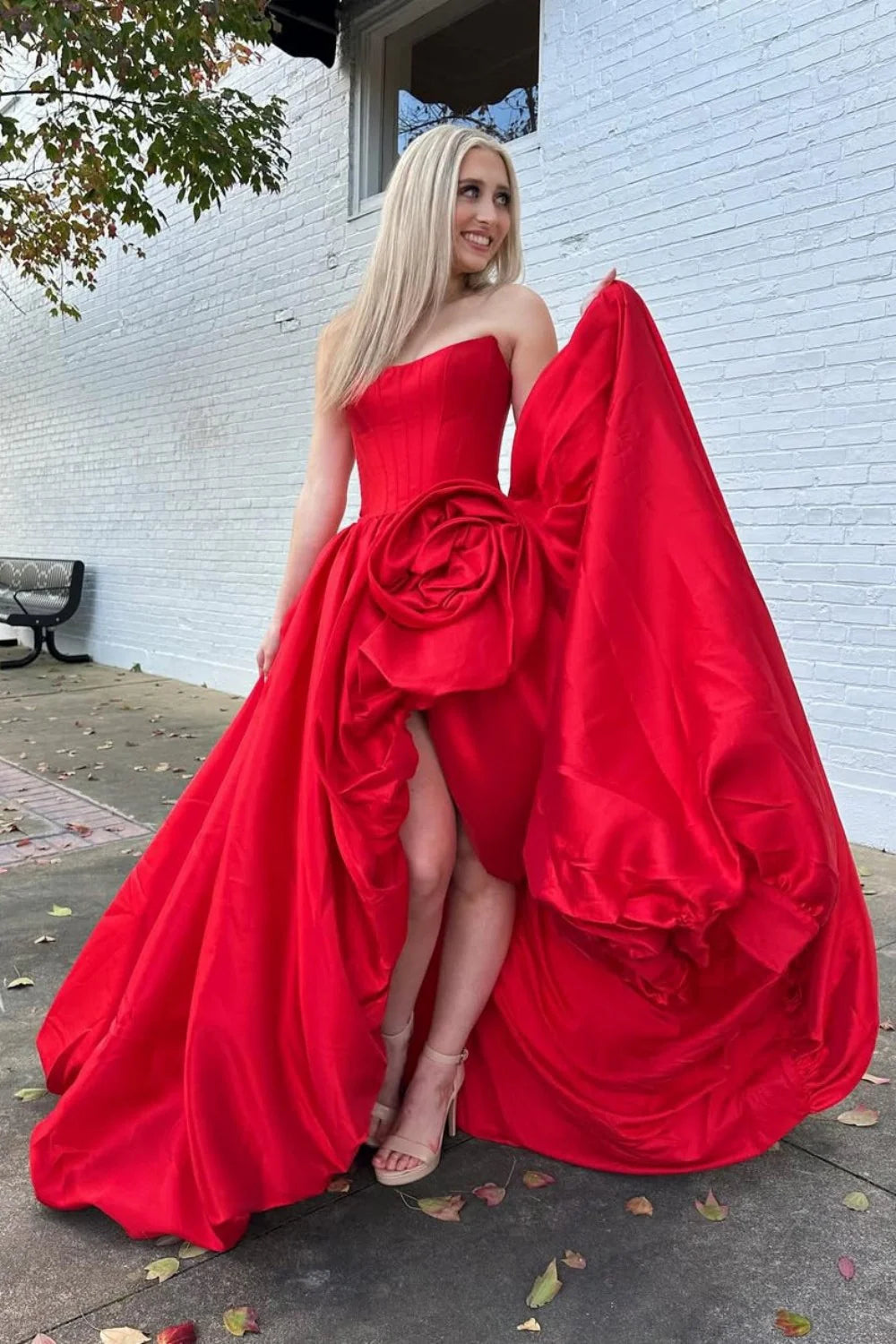 Romantic A-Line Rose-Embellished Strapless Satin Prom Gown AD599