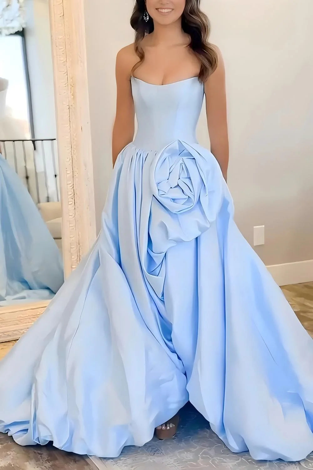 Romantic A-Line Rose-Embellished Strapless Satin Prom Gown AD599