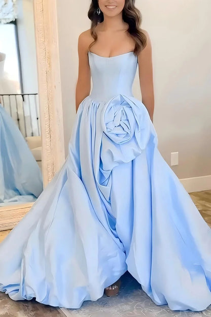Romantic A-Line Rose-Embellished Strapless Satin Prom Gown AD599