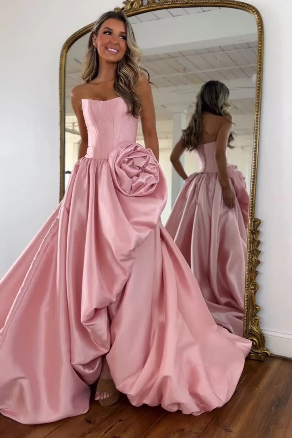 Romantic A-Line Rose-Embellished Strapless Satin Prom Gown AD599