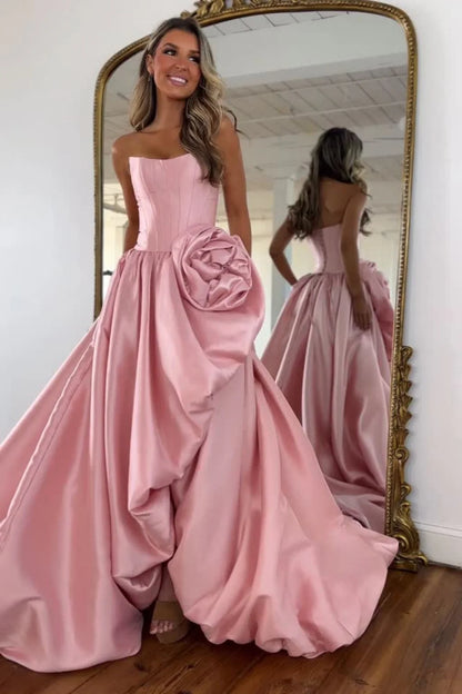 Romantic A-Line Rose-Embellished Strapless Satin Prom Gown AD599