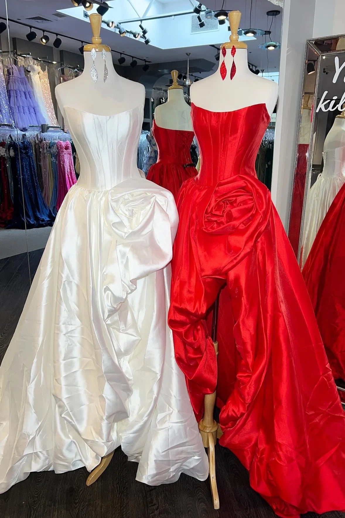 Romantic A-Line Rose-Embellished Strapless Satin Prom Gown AD599