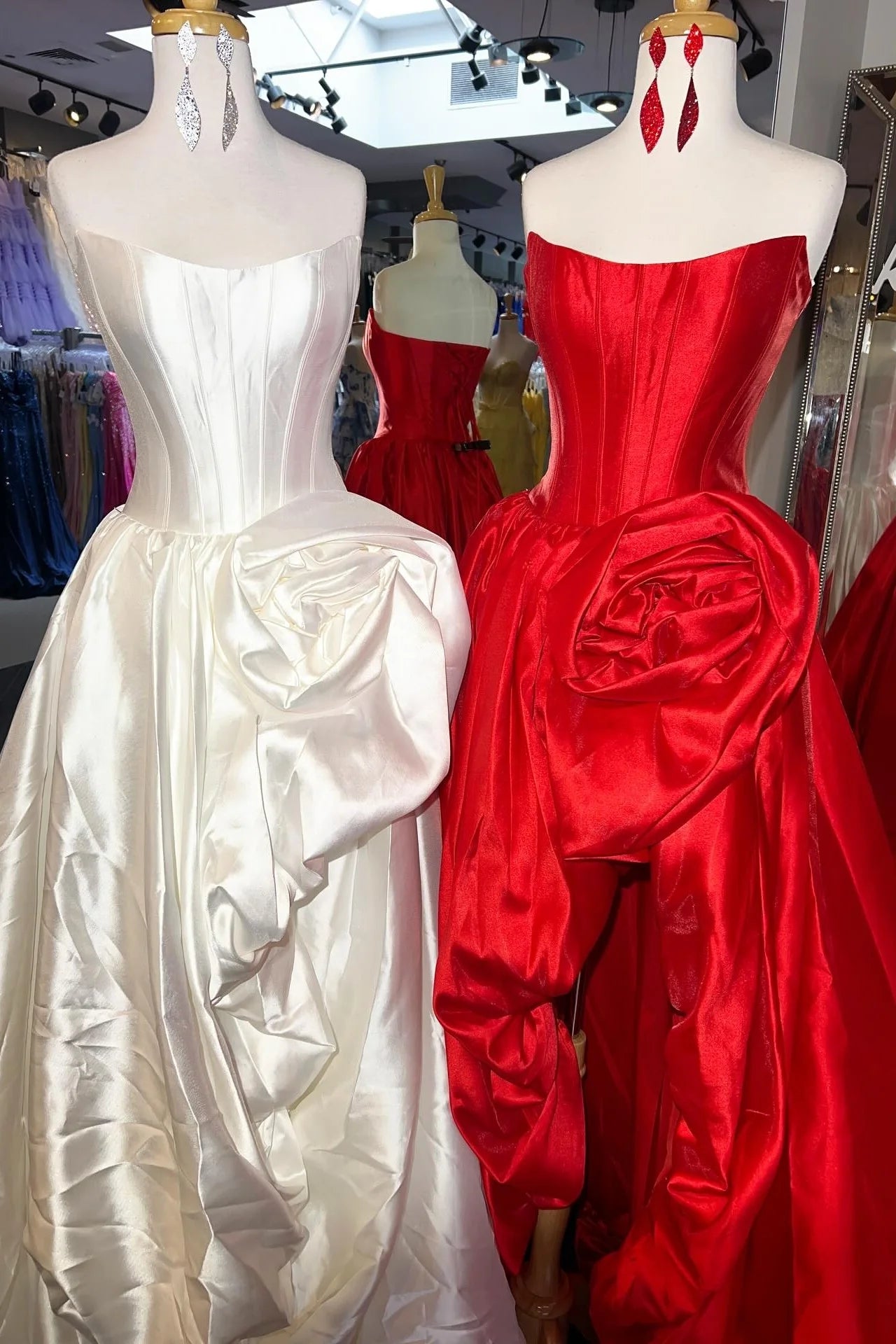 Romantic A-Line Rose-Embellished Strapless Satin Prom Gown AD599