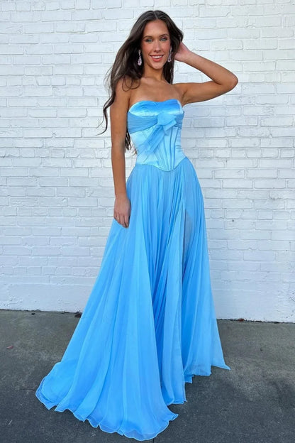 Blue Flowing Chiffon Strapless Corset Prom Dress With Bow Bodice AD600
