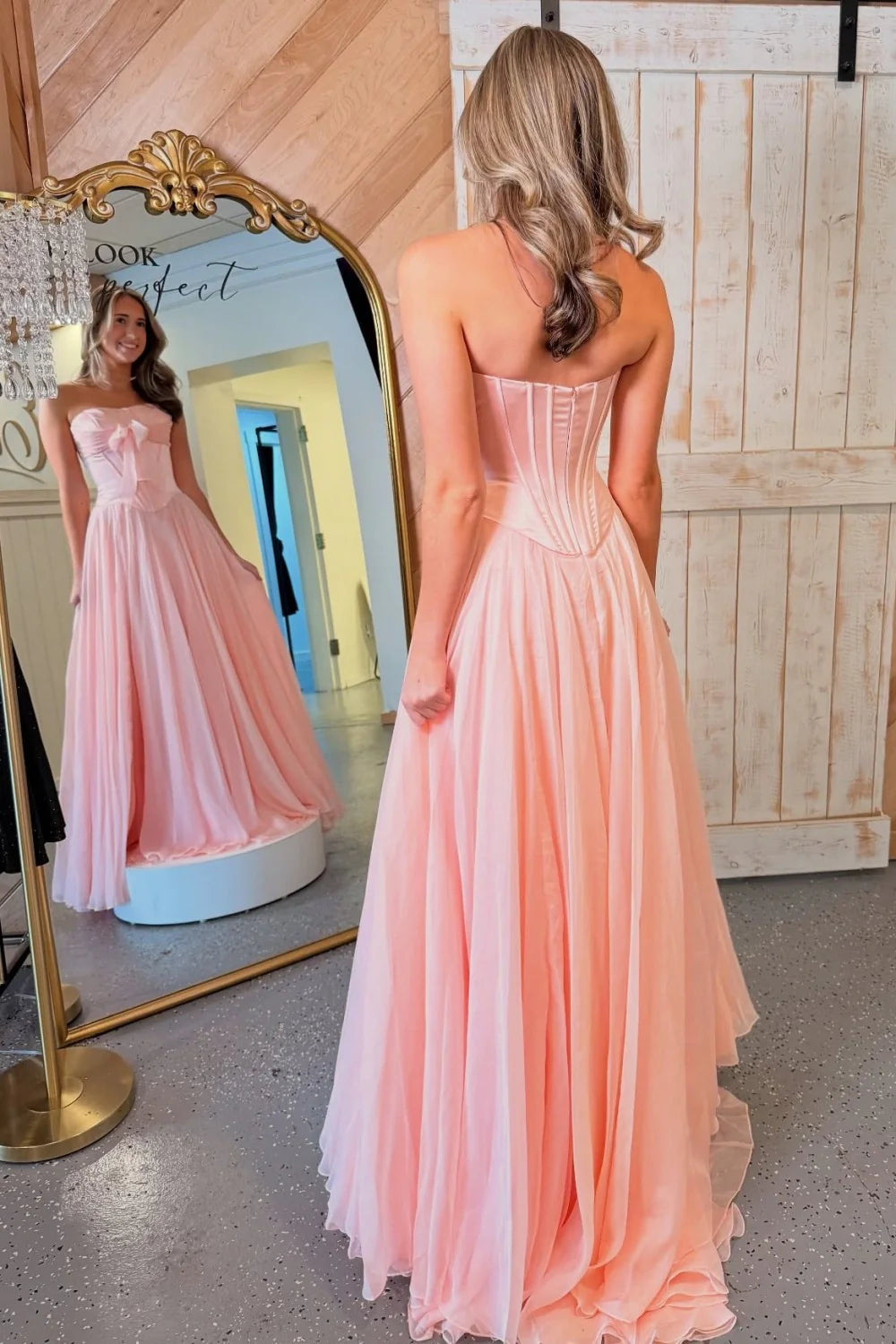 Blue Flowing Chiffon Strapless Corset Prom Dress With Bow Bodice AD600
