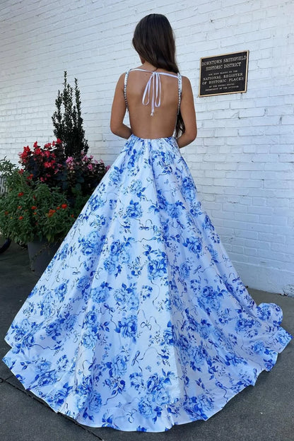 Classic Blue Floral A-Line Square Neck Backless Long Prom Gown AD601