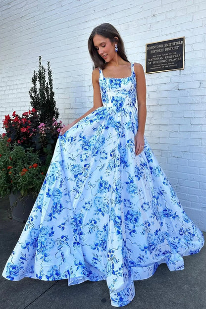 Classic Blue Floral A-Line Square Neck Backless Long Prom Gown AD601