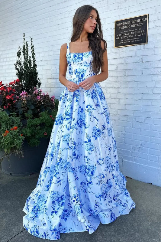 Classic Blue Floral A-Line Square Neck Backless Long Prom Gown AD601