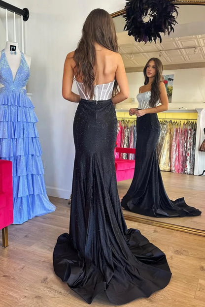 Black & Silver Strapless Structured Corset Top Beading Prom Dress With High Slit AD602