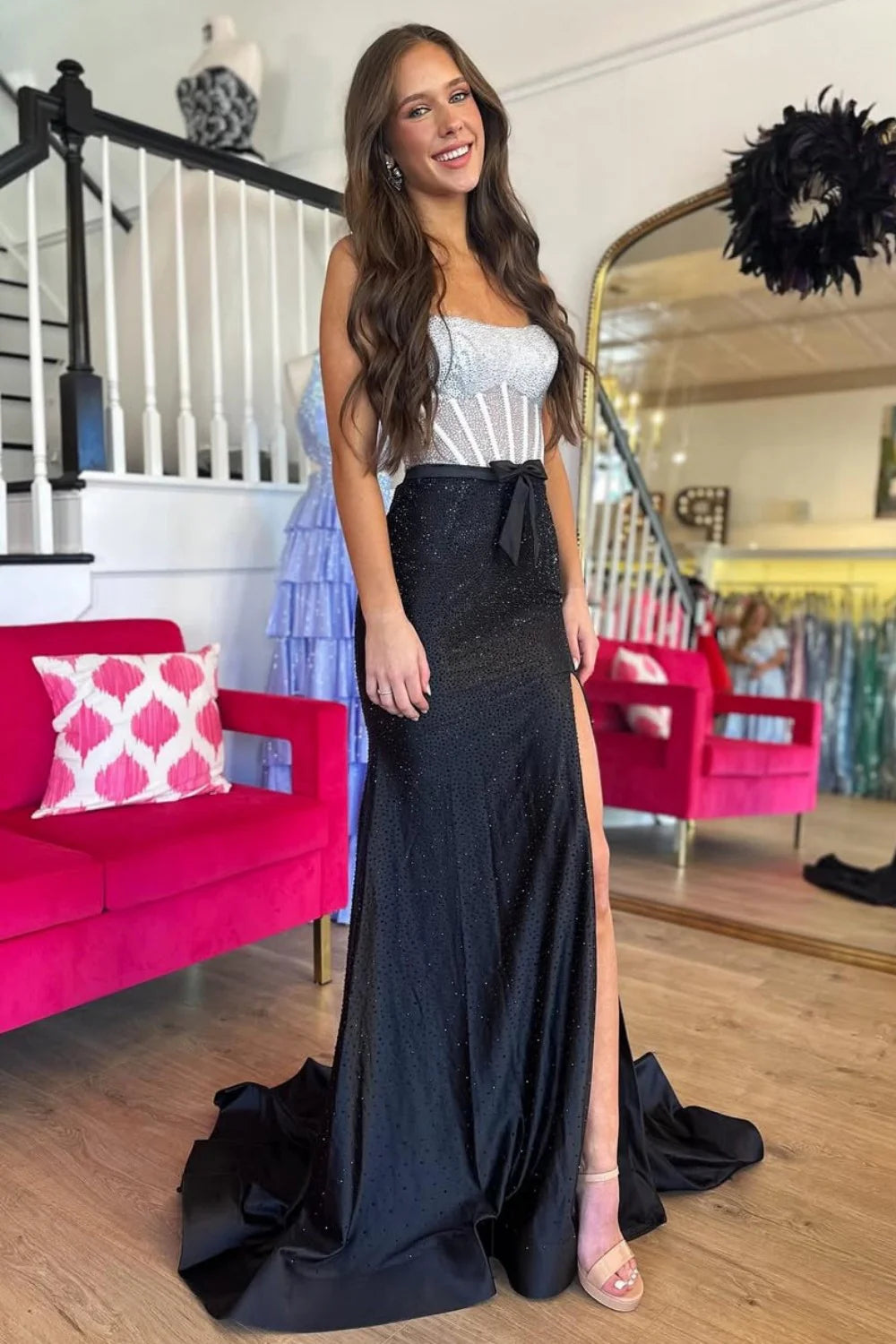 Black & Silver Strapless Structured Corset Top Beading Prom Dress With High Slit AD602