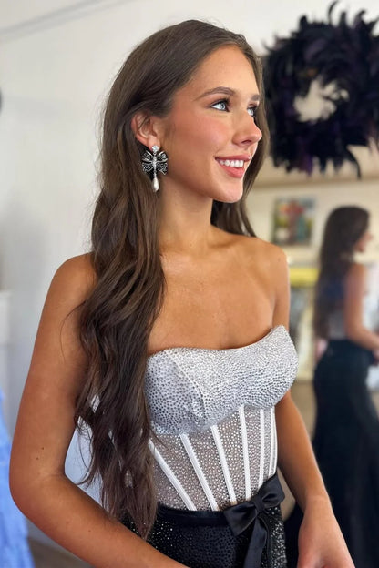 Black & Silver Strapless Structured Corset Top Beading Prom Dress With High Slit AD602