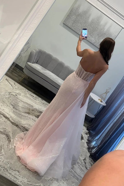 Soft Pink Sparkly Strapless Corset Mermaid Prom Dress With Side Tulle Train AD603