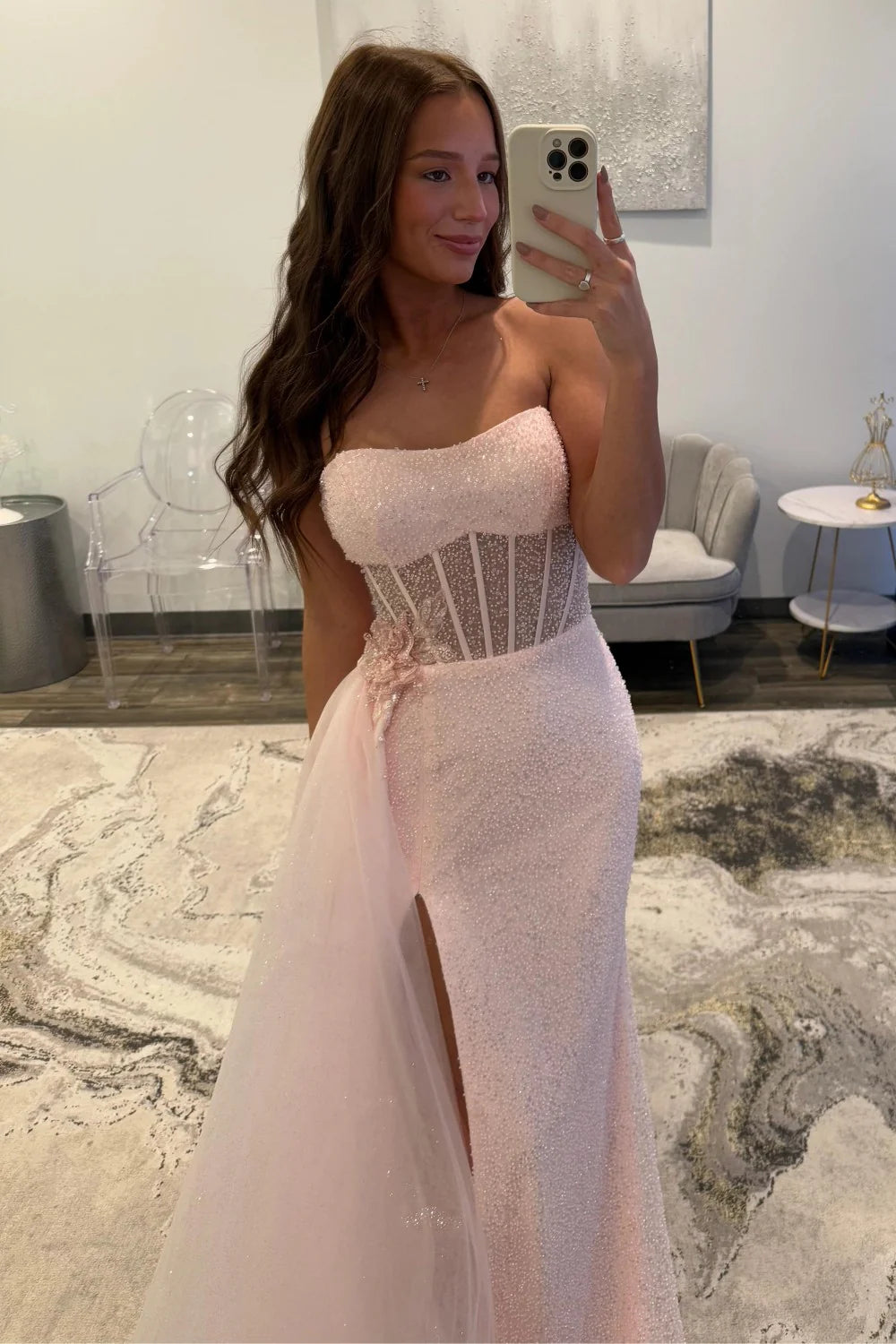 Soft Pink Sparkly Strapless Corset Mermaid Prom Dress With Side Tulle Train AD603