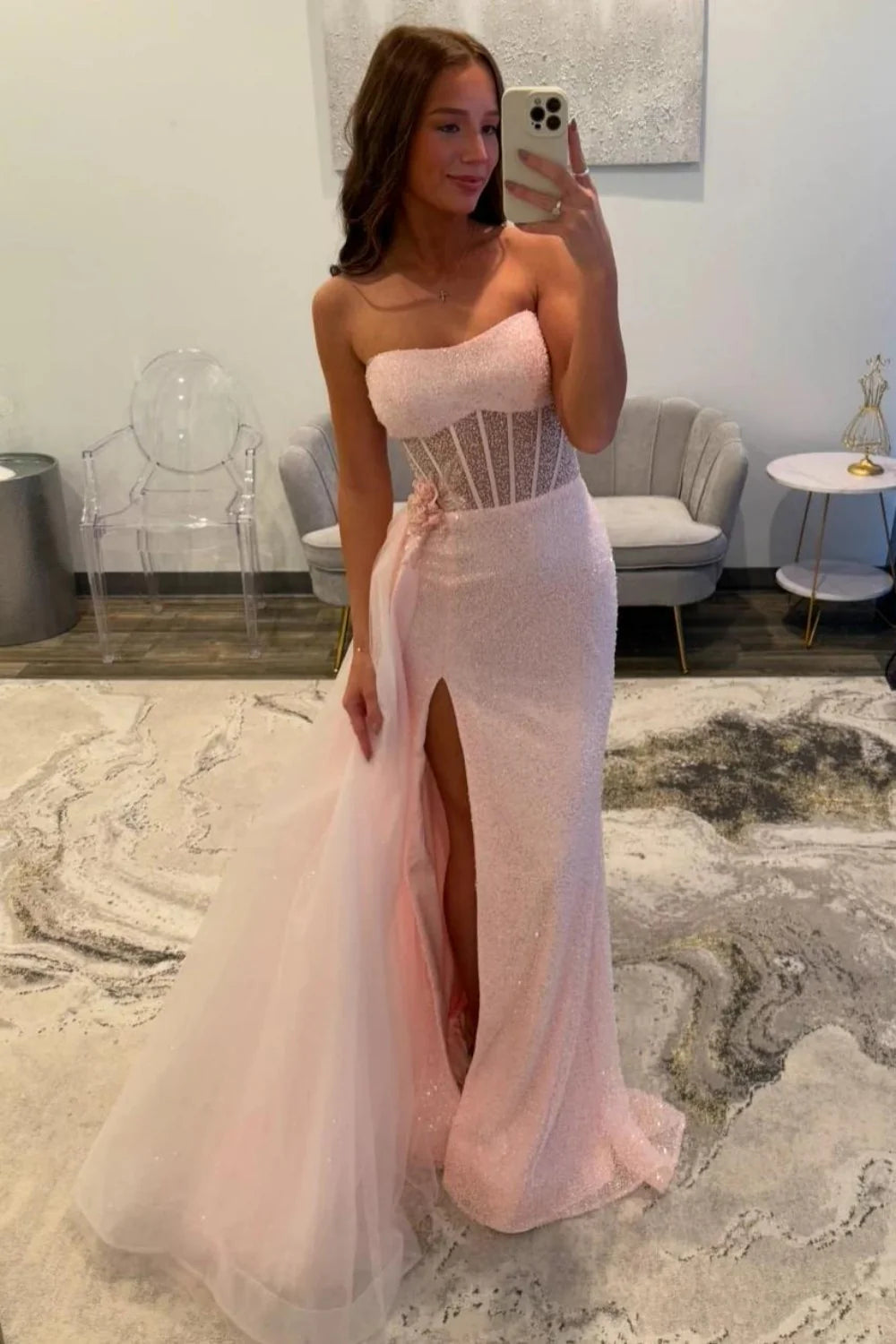 Soft Pink Sparkly Strapless Corset Mermaid Prom Dress With Side Tulle Train AD603