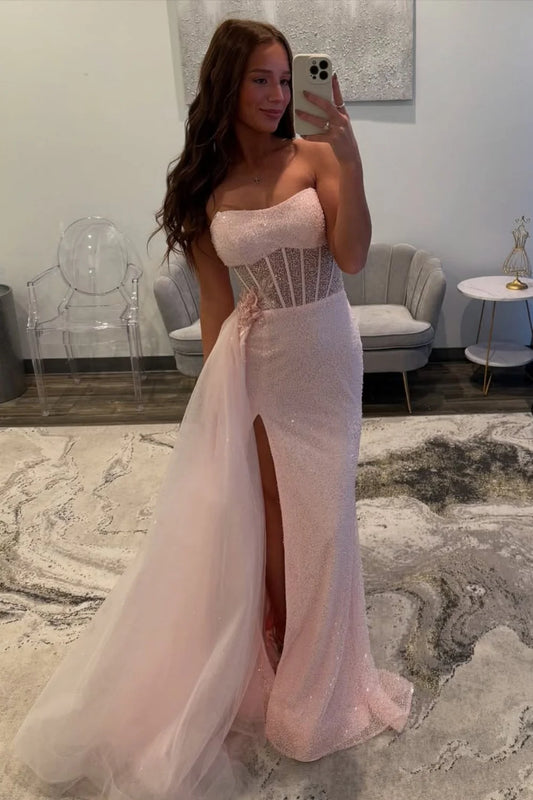 Soft Pink Sparkly Strapless Corset Mermaid Prom Dress With Side Tulle Train AD603