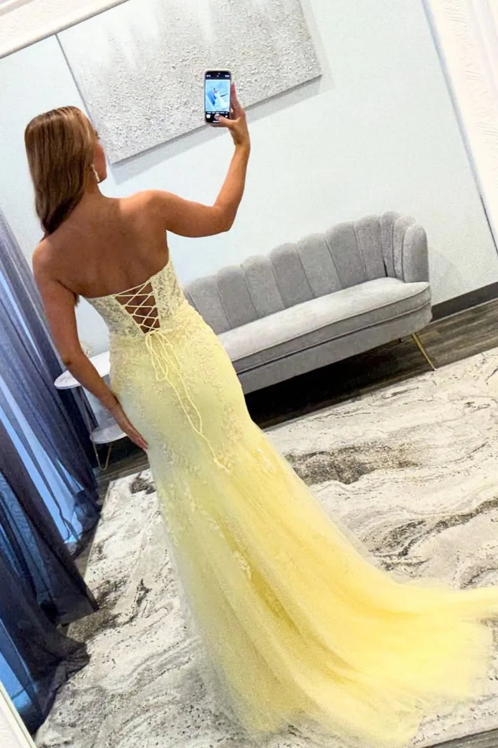 Yellow Sweetheart Lace Up Cutout Prom Dress With Lace Details AD604