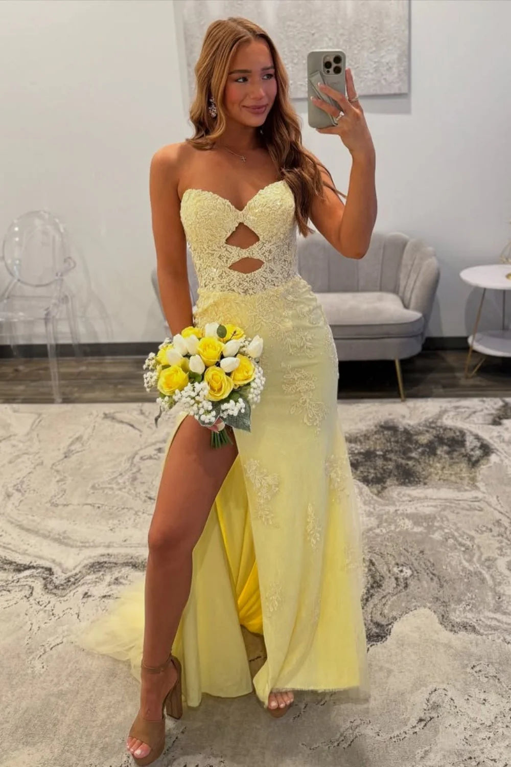 Yellow Sweetheart Lace Up Cutout Prom Dress With Lace Details AD604
