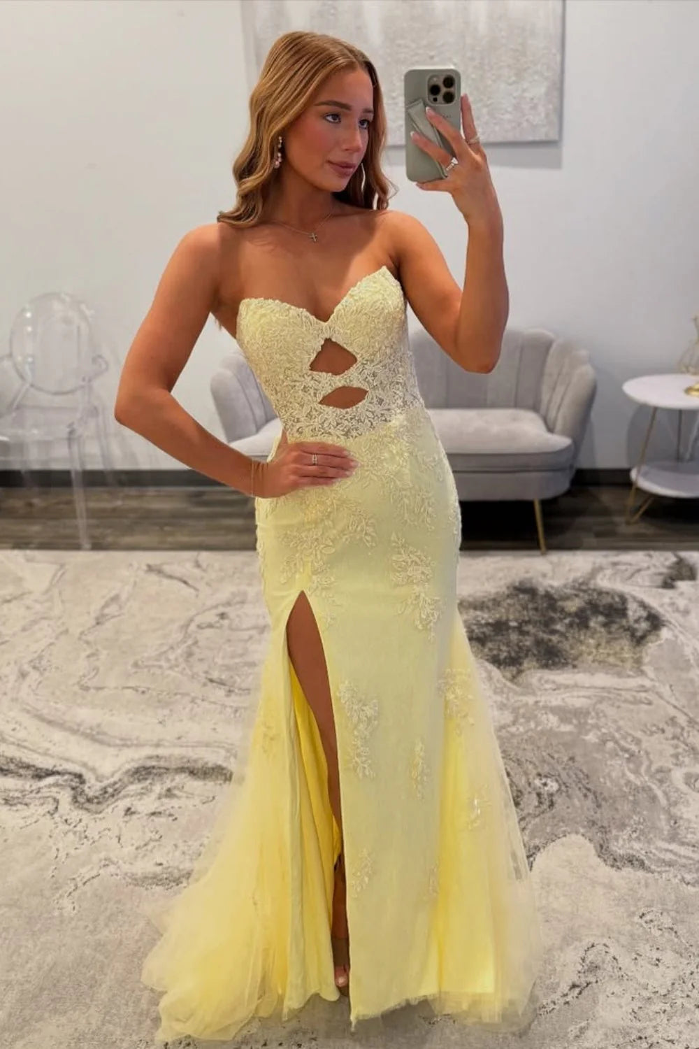 Yellow Sweetheart Lace Up Cutout Prom Dress With Lace Details AD604