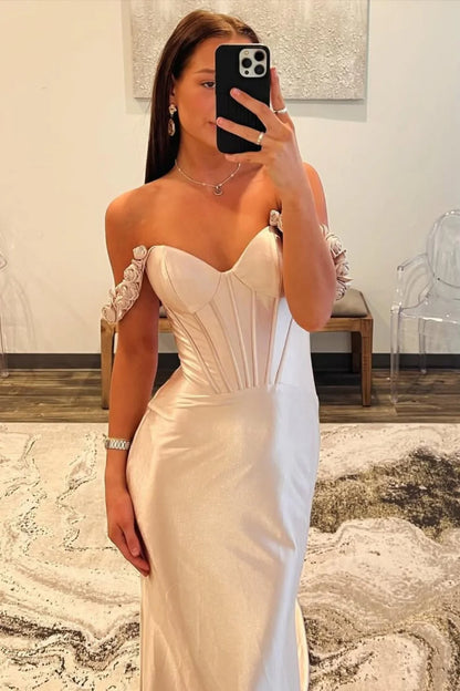 Champagne Fitted Satin Prom Dress With Floral Off-Shoulder Sleeves AD605