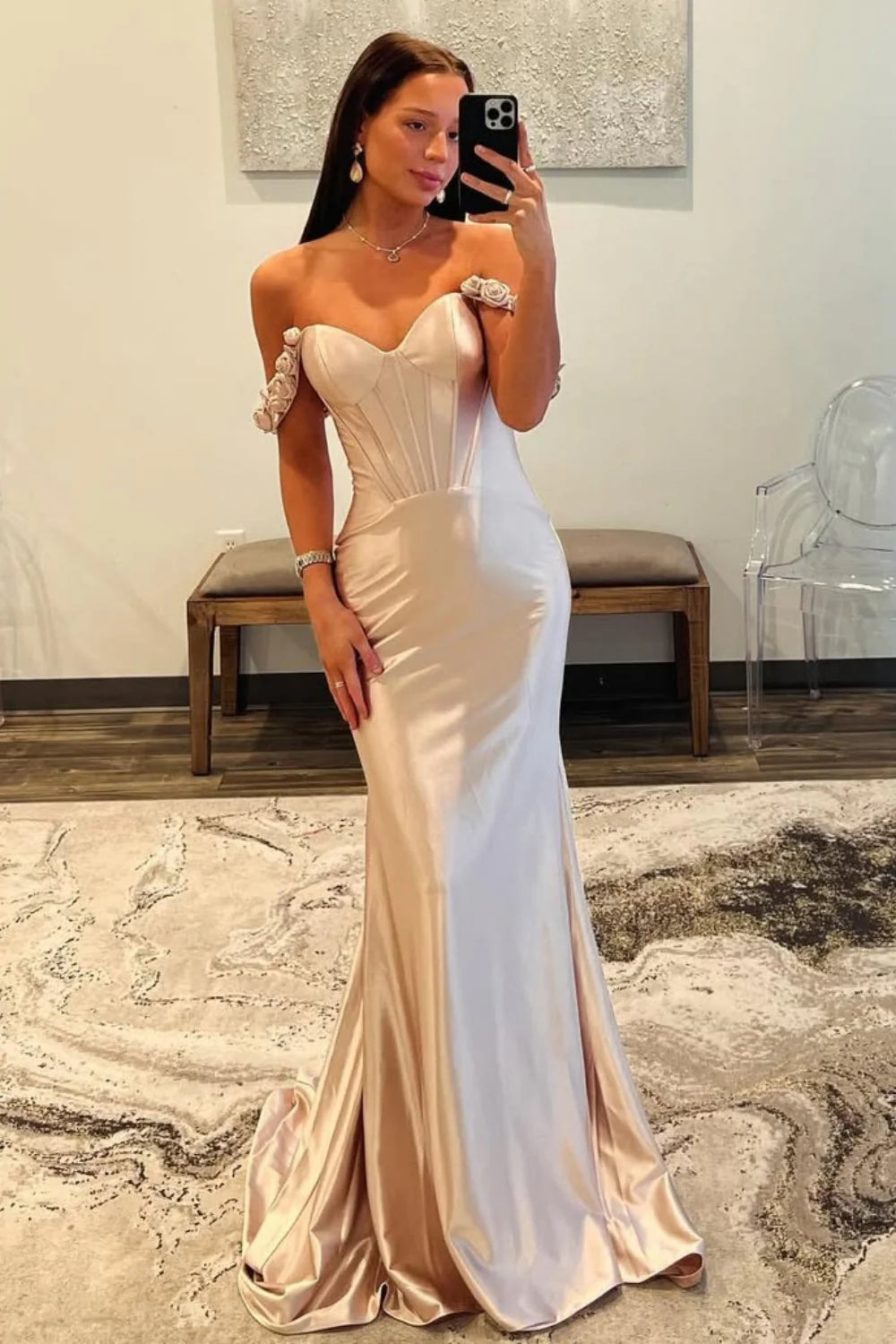 Champagne Fitted Satin Prom Dress With Floral Off-Shoulder Sleeves AD605