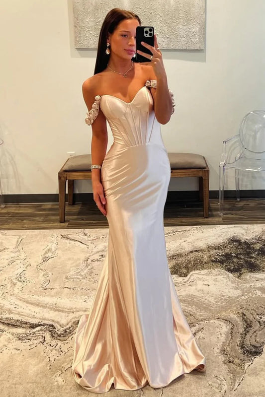 Champagne Fitted Satin Prom Dress With Floral Off-Shoulder Sleeves AD605