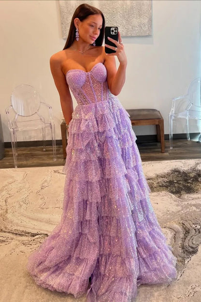 Lilac Sparkly A-Line Sweetheart Long Ruffle Prom Dress With Slit AD606