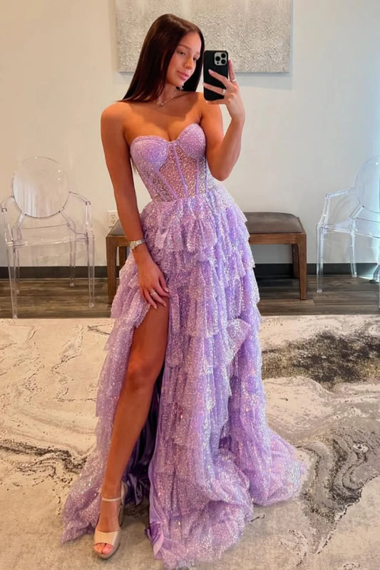 Lilac Sparkly A-Line Sweetheart Long Ruffle Prom Dress With Slit AD606
