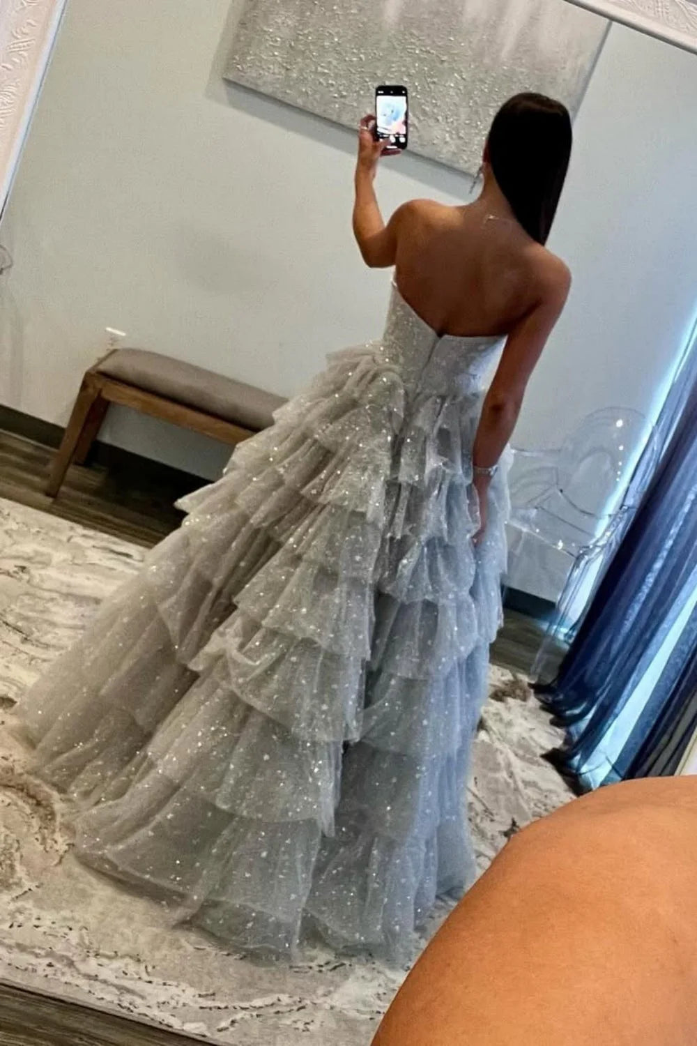 Silver Sparkling A-Line Sweetheart Ruffle Layer Prom Ball Gown AD607