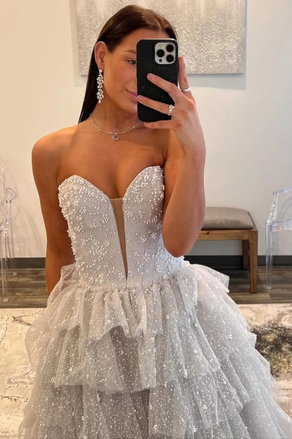 Silver Sparkling A-Line Sweetheart Ruffle Layer Prom Ball Gown AD607