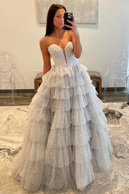 Silver Sparkling A-Line Sweetheart Ruffle Layer Prom Ball Gown AD607