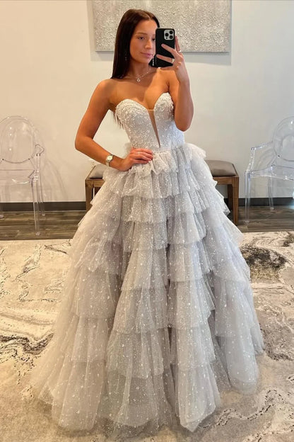 Silver Sparkling A-Line Sweetheart Ruffle Layer Prom Ball Gown AD607