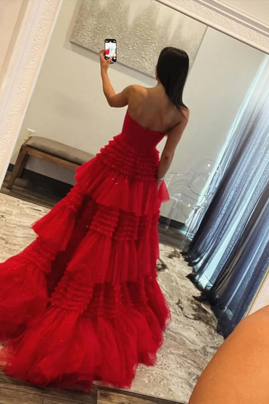 Glam Strapless A-Ling Long Tulle Prom Gown With Cascading Ruffles AD608