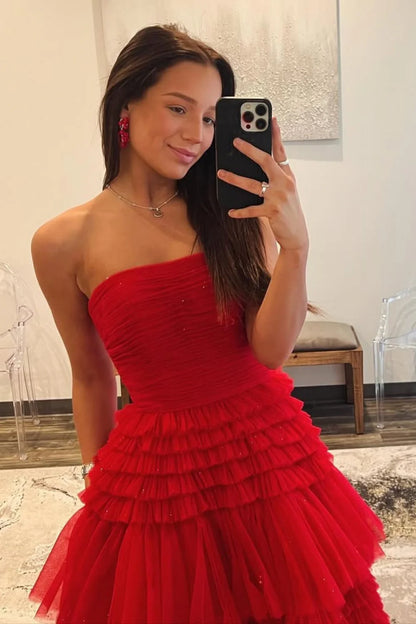 Glam Strapless A-Ling Long Tulle Prom Gown With Cascading Ruffles AD608