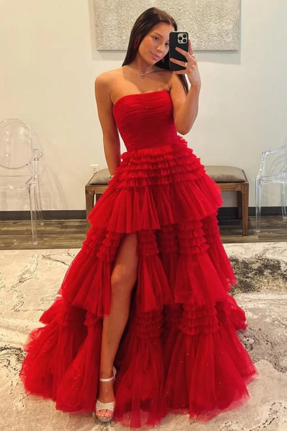 Glam Strapless A-Ling Long Tulle Prom Gown With Cascading Ruffles AD608