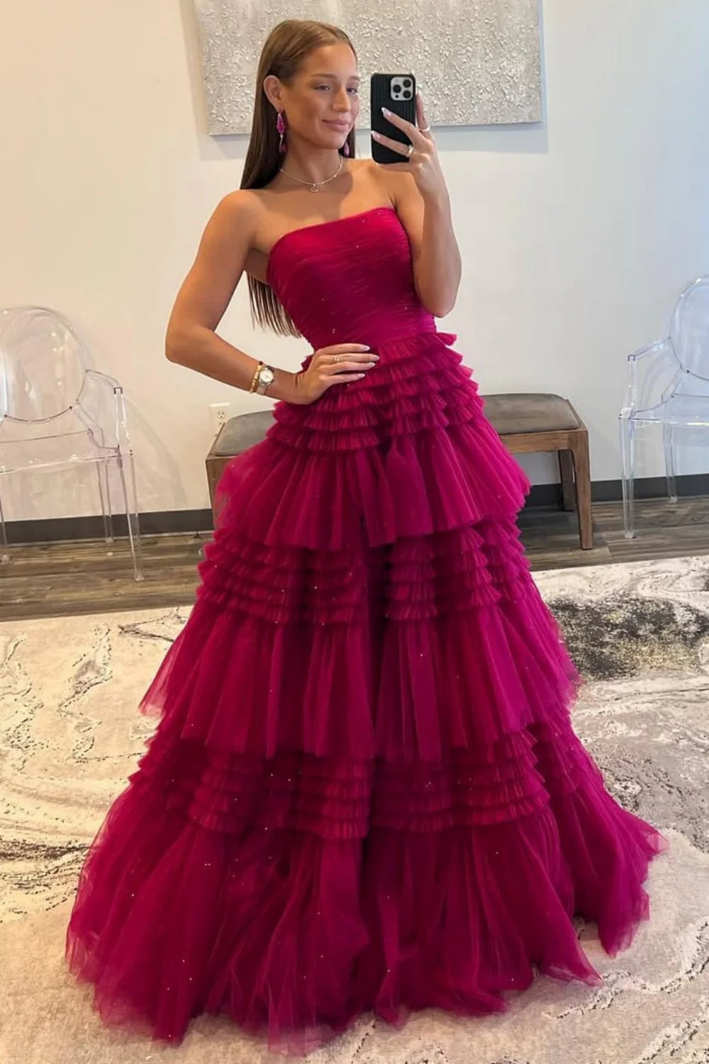 Glam Strapless A-Ling Long Tulle Prom Gown With Cascading Ruffles AD608