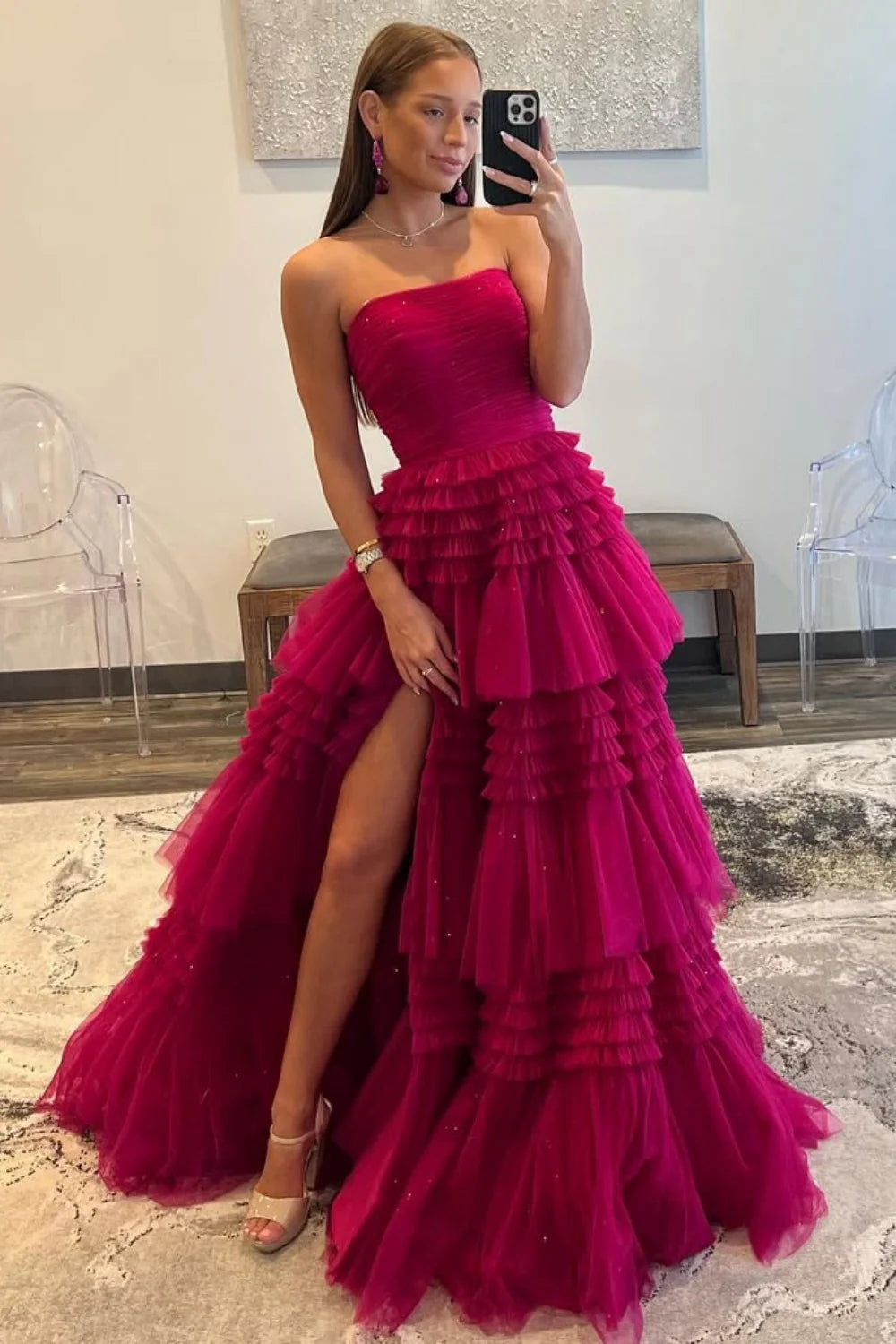 Glam Strapless A-Ling Long Tulle Prom Gown With Cascading Ruffles AD608