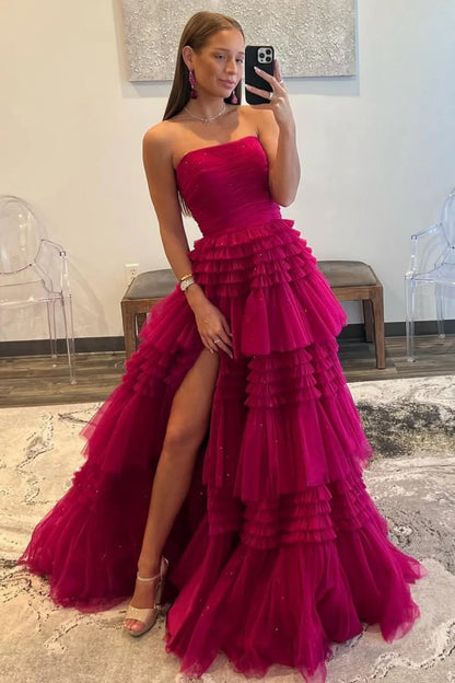 Glam Strapless A-Ling Long Tulle Prom Gown With Cascading Ruffles AD608