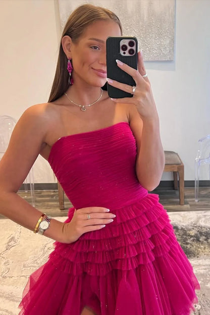 Glam Strapless A-Ling Long Tulle Prom Gown With Cascading Ruffles AD608