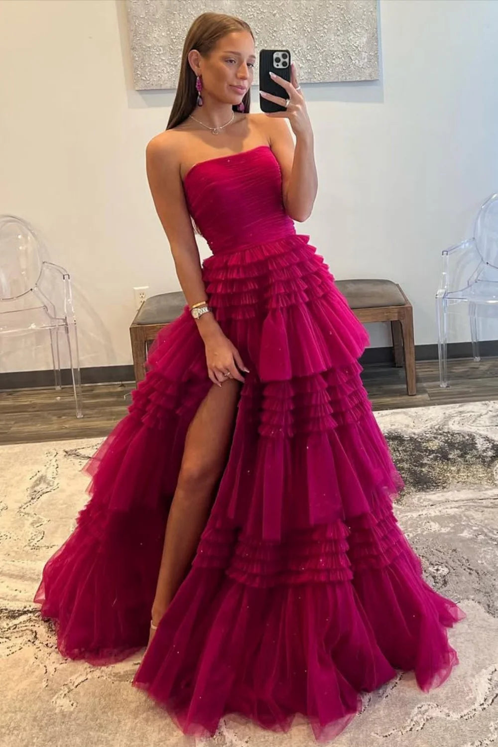 Glam Strapless A-Ling Long Tulle Prom Gown With Cascading Ruffles AD608