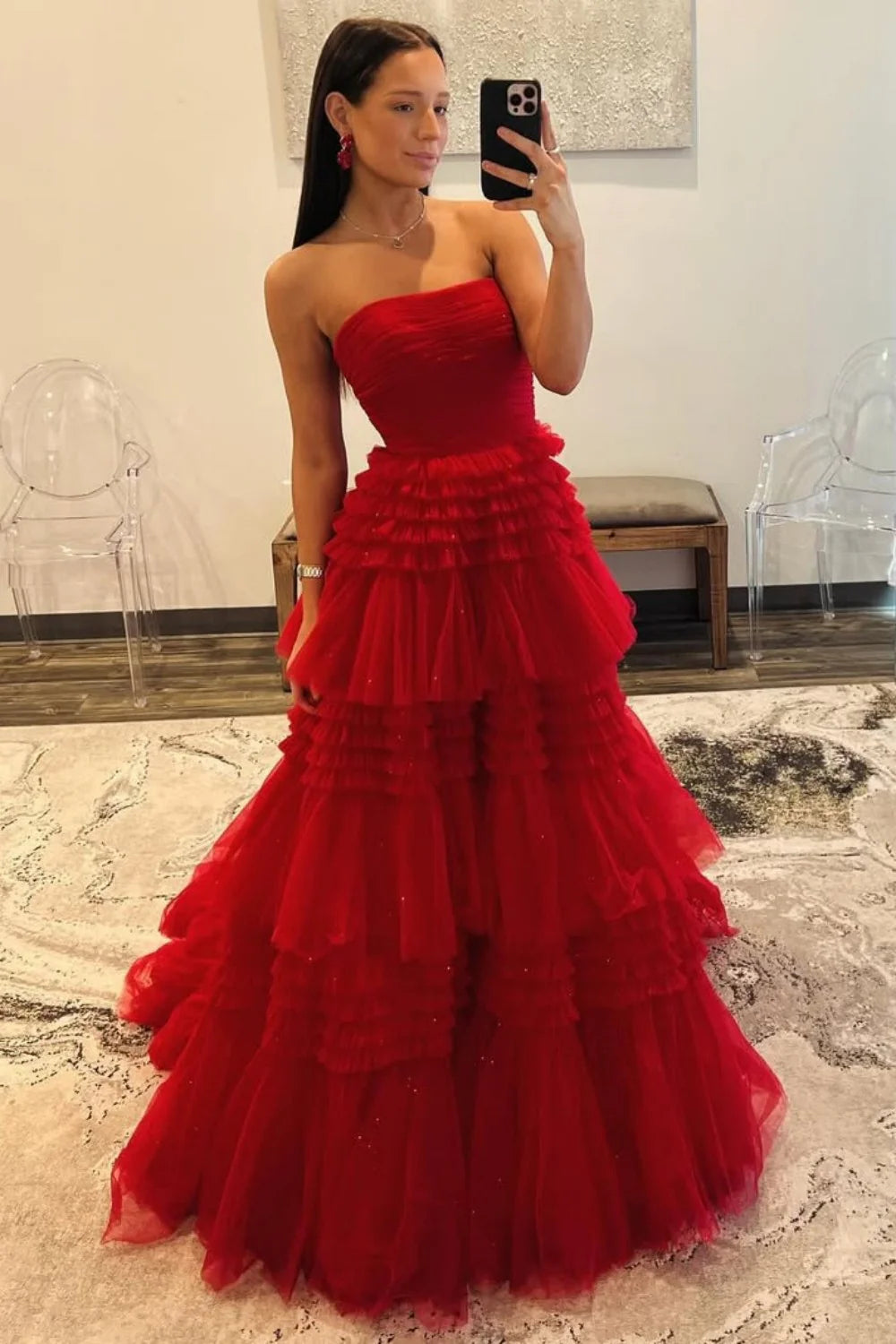 Glam Strapless A-Ling Long Tulle Prom Gown With Cascading Ruffles AD608