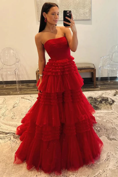 Glam Strapless A-Ling Long Tulle Prom Gown With Cascading Ruffles AD608