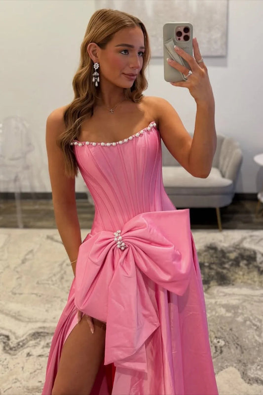Pink Satin Corset Prom Dress With Neckline Pearl Trim & Oversized Bow AD609