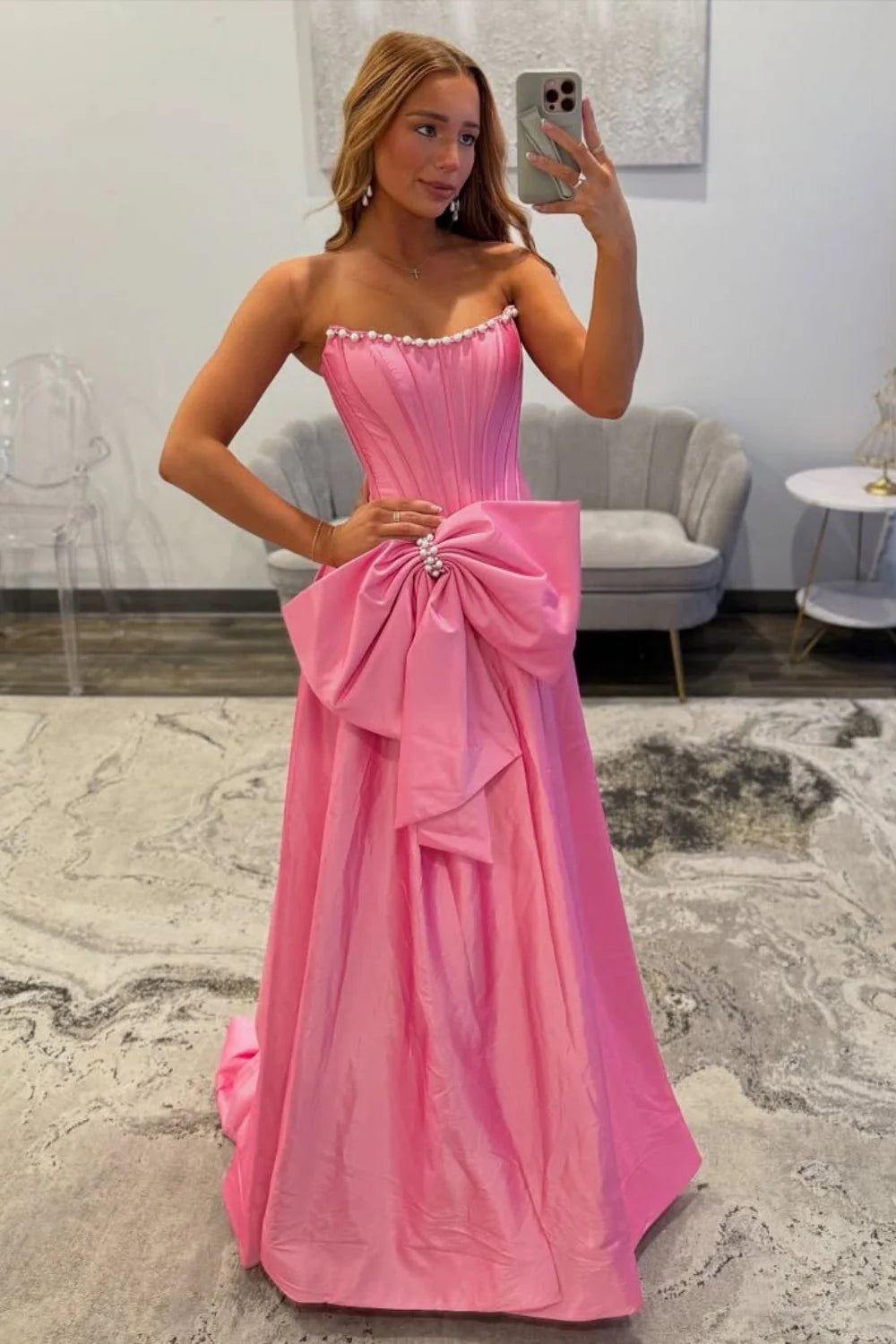 Pink Satin Corset Prom Dress With Neckline Pearl Trim & Oversized Bow AD609