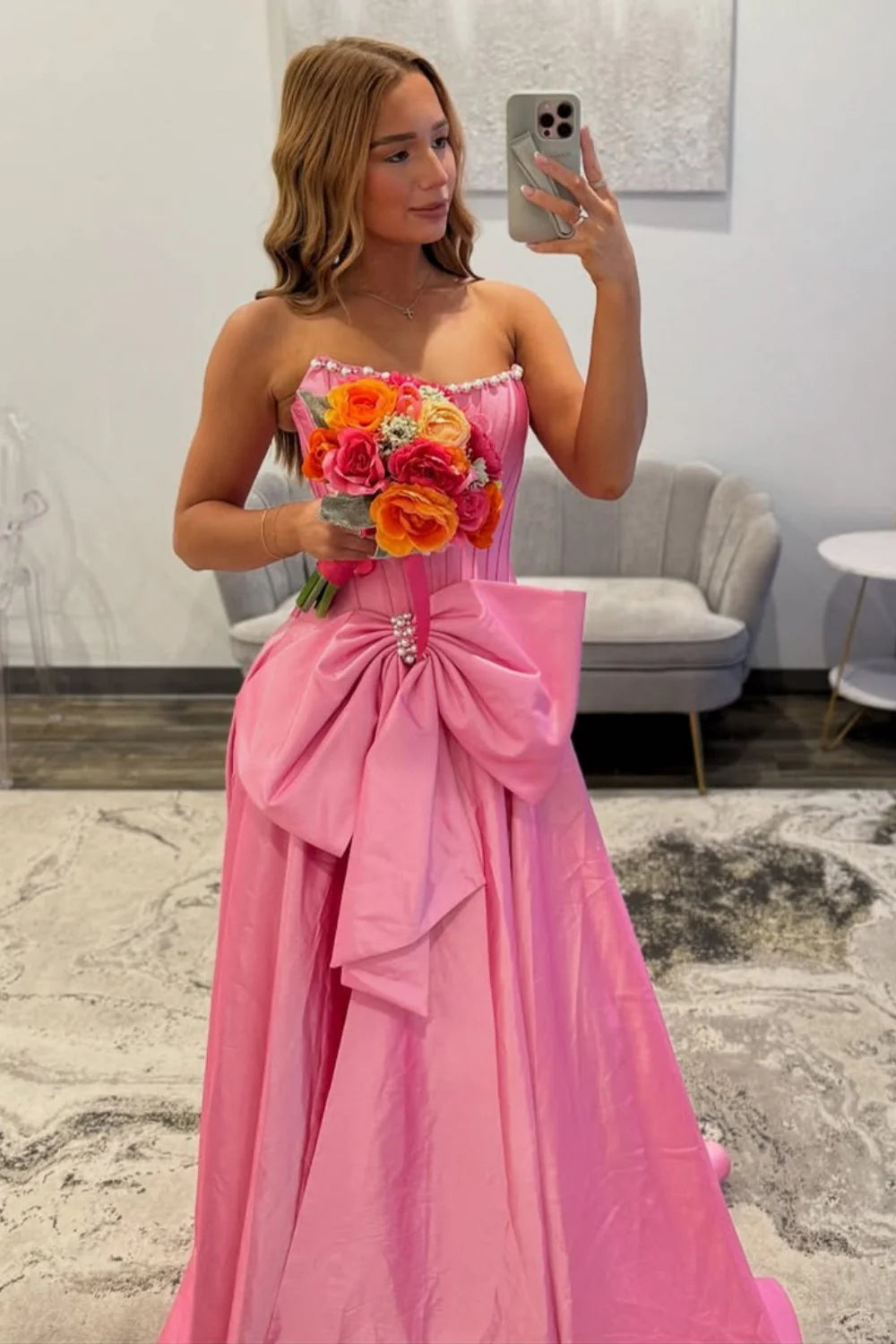 Pink Satin Corset Prom Dress With Neckline Pearl Trim & Oversized Bow AD609