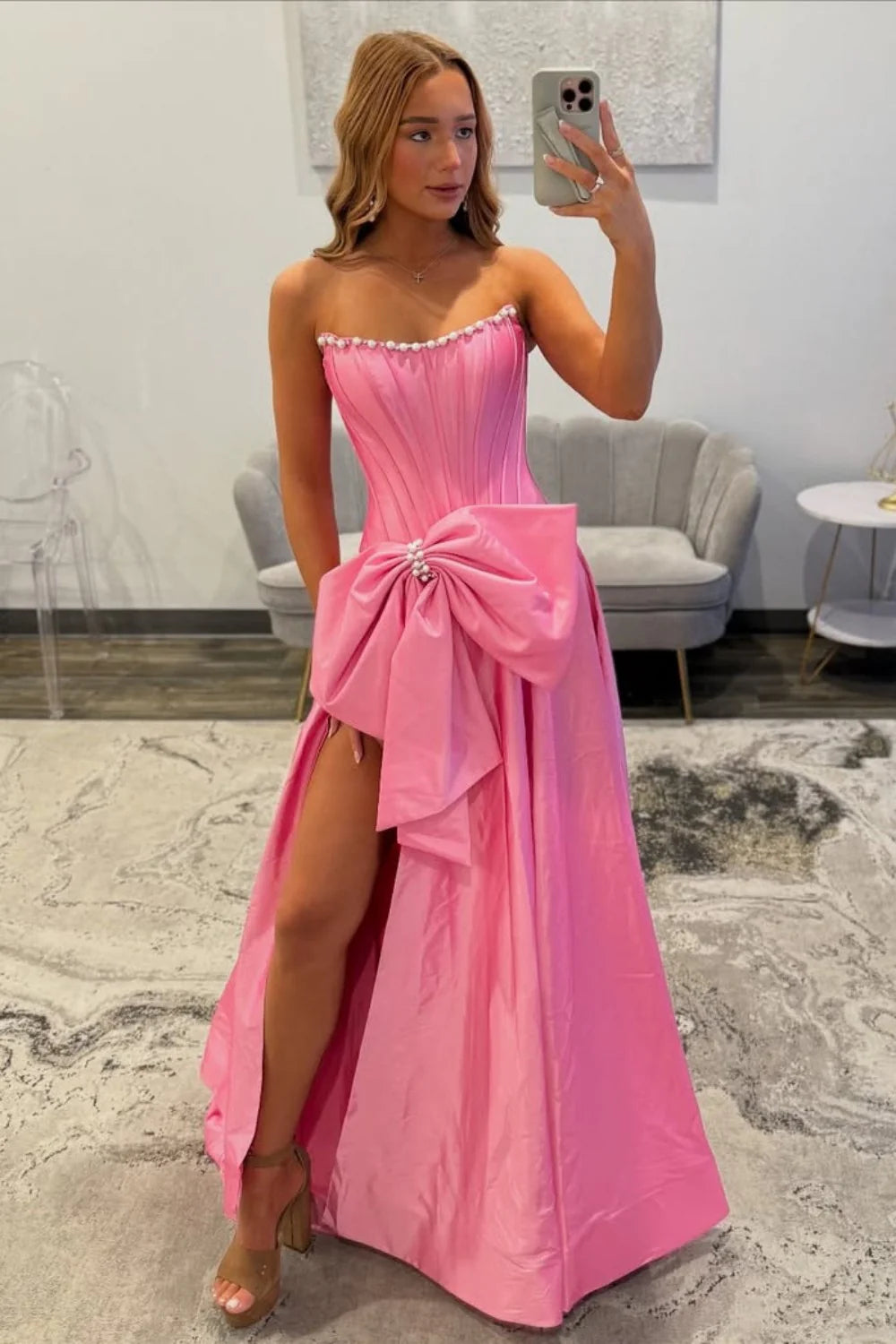 Pink Satin Corset Prom Dress With Neckline Pearl Trim & Oversized Bow AD609